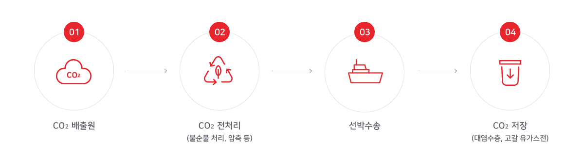 01 CO2 배출원 → 02 CO2 전처리(불순물 처리, 압축 등) → 03 선박수송 → 04 CO2 저장(대염수층,고갈 유가스전)